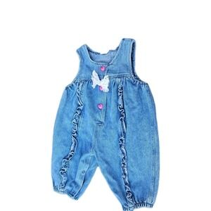 Vintage Hopscotch Girl's 12m Denim Overalls Lace Pink Buttons Ruffles Snap 90s